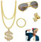VIDSTW 4 Stück 90er Hip Hop Rapper Kostüm Zubehör Rapper Kette Zuhälter Kostüm Zubehör Goldkette Kostüm Zubehör Ring Dollar Kette Sonnenbrille Goldketten-Set für 80s/90s Fasching Karneval Party