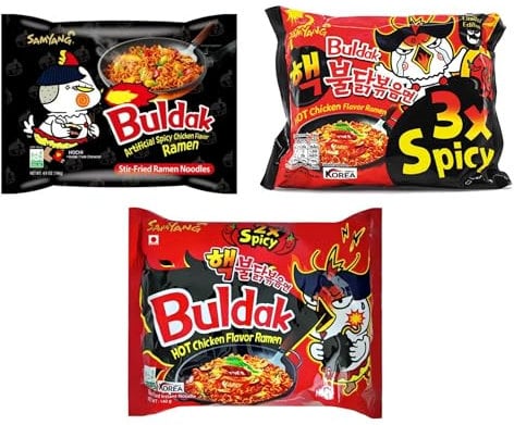 Samyang 3x Buldak Ramen Hot Chicken & 2-fach Spicy Chicken & 3-fach Spicy Chicken Set Probierpaket Stir Fry Noodles Geschenkset (3x140 g)