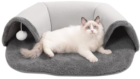 Katzen-Donut-Tunnel, Katzentunnel, Bett, 2-in-1-Katzentunnel, Innenkatzentunnel mit Bett, Plüsch, weich, Katzen-Donut-Höhle, weißer Plüschball, interaktive Katzentunnel für Indoor-Katzen,