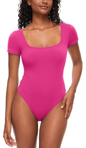 COMFREE Body à Femme Manches Courte Élégant Col Carré Bodysuit Square Neck Jumpsuit Tops Slim Fit T-shirt Top Rose Rouge XL