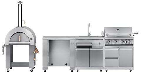 KoolMore Outdoor Kitchen Series Modular Kitchen with - Woodfire Pizza Oven, Refrigerator Cabinet, Sink, 30 in. BBQ Grill and Grill Cabinet in Stainless-Steel (KM-OKSKIT-CONFIG100)