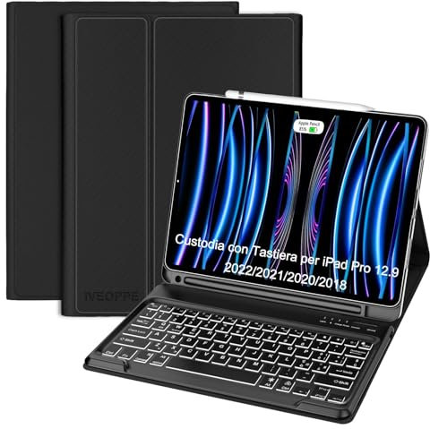 IVEOPPE Tastiera iPad Pro 12.9 (6/5/4/3 Gen.), Custodia Tastiera ipad pro 6/5/4/3 Gen Italiano Retroilluminata Bluetooth Magnetica per ipad pro 12,9 2022/2021/2020/2018,Nero