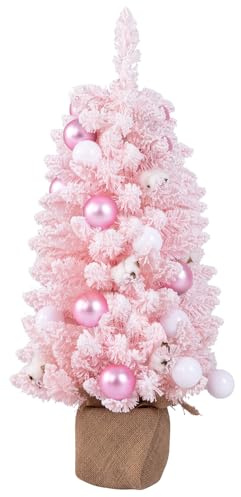 GYMAX Künstlicher Weihnachtsbaum 90cm, Kleiner Dekobaum, Tannenbaum mit natürlichen Baumwollbällchen & Dekorativen Kugeln, Christbaum mit 136 Spitzen, Kunstbaum für innen (Rosa)