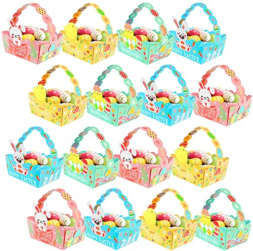 JOYEONDEF 16 Pcs Osterkörbchen Kinder Osterkörbchen Basteln aus Papier, Osterkörbchen mit henkel, Osterkorb zum Befüllen, DIY Osterkorb mit Bunt Osterküken, Osternester für Ostereier