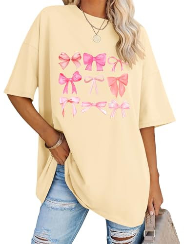 Rapbin Women's Oversized Bow Print Short Sleeve T-Shirt Cotton Tops Casual Loose Plus Size Summer New 2025 (Creamy White Bow, 18-20)