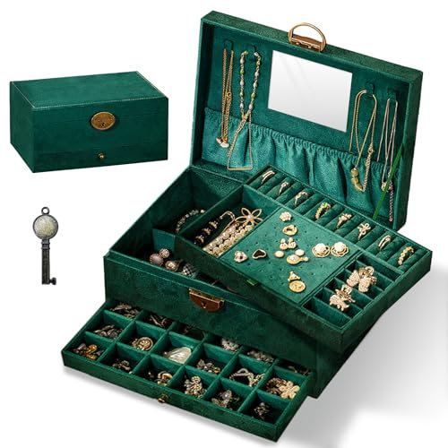 Home-X Jewellery Box, 4-Layer Jewellery Organiser Storage, Large Jewellery Case, Spacious Ladies Velvet Jewellery Box Storage for Rings Earrings Necklace Bangles Hair Clips (Deep Green)