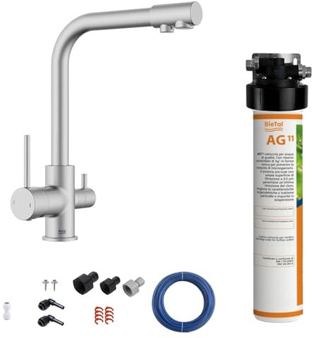 BieTal® Trinkwasserfilter mit Aktivkohle für sauberes & frisches Wasser mit 3-Wege Wasserhahn Messing im Edelstahl Look für dein Zuhause Praxis Büro Wohnmobil Aktivkohlefilter Wasserfiltersystem