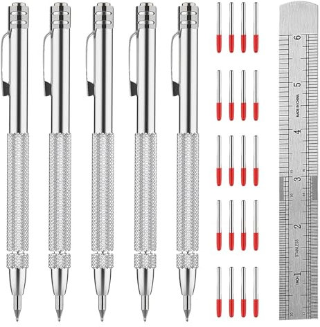 Ywmoml Tungsten Carbide Scriber Set for Metalworking - 5 Pens with 20 Tips & 8-Inch Ruler, Magnetic Knurled Engraving Tool for Steel/Glass/Ceramics, Welding Scribe Kit
