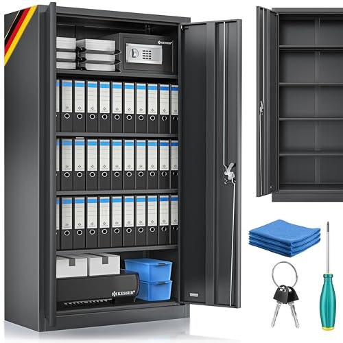 KESSER® Aktenschrank abschließbar mit Flügeltüren 180x80x40cm | Büroschrank aus Stahl mit 4 höhenverstellbaren Einlegeböden | Mehrzweckschrank 5 flexible Fächer, max. 40 kg pro Fach, inkl. 2 Schlüssel