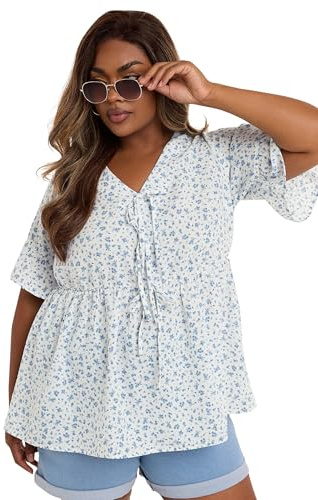 Yours Curve Ditsy Floral Tie Front Peplum Top - Women's - Plus Size Curve Light Blue