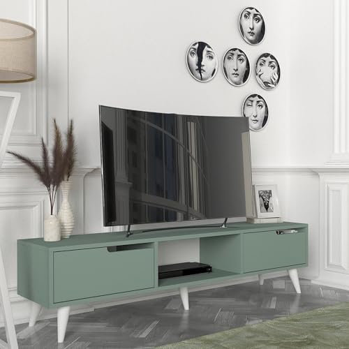 [en.casa] TV Schrank Kullila Lowboard Fernsehschrank 160 x 35 x 40 cm TV Board mit 1 offenem Fach und 2 Türen TV Kommode Fernsehtisch Grün/Weiß