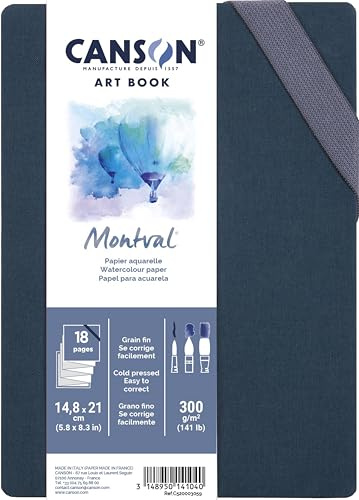 Canson Montval Art Book, Aquarellpapier, feine Körnung, 300 g/m², Akkordeon-Format, Hardcover, DIN A5 14,8 x 21 cm, Weiß, 18 Seiten