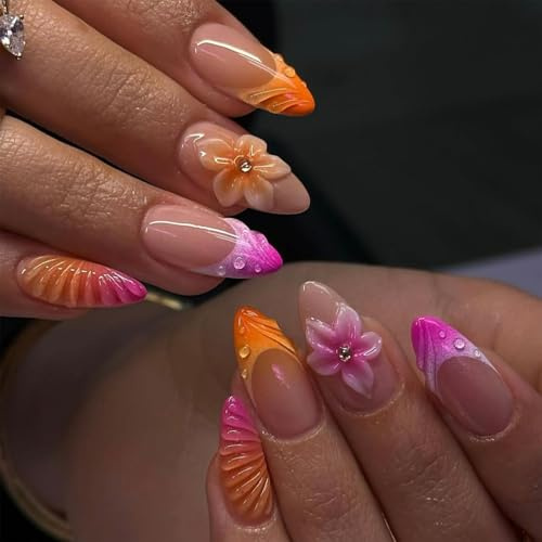 Auroriel 24 Stück Mandel Press On Nägel Bunte French Tips Medium Länge 3D Blume Ocean Style Falsche Nägel Exquisites Acryl Nail Art Design Wiederverwendbar Vollcover Künstliche Nägel Maniküre Set