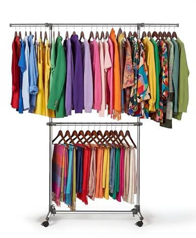 YasTant Clothes Rail with Wheels, Adjustable Stainless Steel Clothes Rack with Extendable Width and Height, Metal Clothing Rail for Small Bedrooms (Silver)