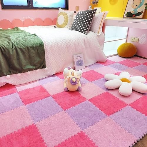Ineinander greifende Plüsch-Teppichfliesen, 24 Stück ineinander Schaumstoff-Puzzlematten, quadratische, weiche Plüsch-Kletterteppiche, rutschfeste Teppichmatten(Purple+pink+rosered,12x12x0.24in)
