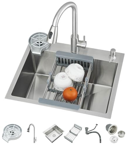 Evier Multifonction Argent Evier Cuisine Inox Professionnel Évier Simple 60 * 45CM avec Robinet Rétractable Distributeur de Savon Lave-gobelet et Kit de Plomberie Complet