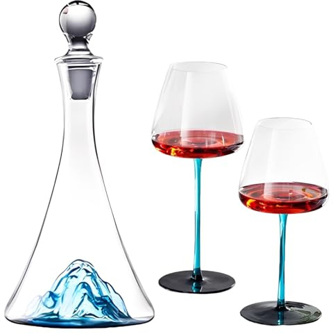 ZTZHYZR Decantador de Vino Juego, Cristal Soplado a Mano Sin Plomo Decantador Vino 1150 ml, con Tapón y 2 Copas de Vino Patrón de Iceberg Azul Decantador de Vino Cristal, para Amantes del Vino Padres