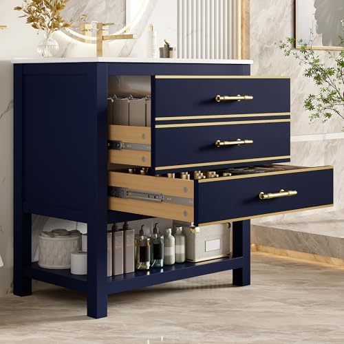 DACHETOU Mueble de baño con lavabo de cerámica negro y azul, 70 x 90 cm, mueble de baño independiente con 2 cajones, compartimento abierto, asas doradas, sin grifería