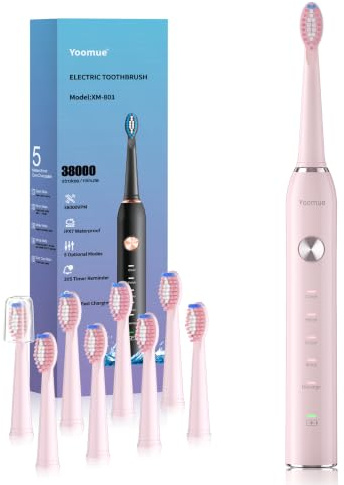 Yoomue Sonic Electric Toothbrush for Adults & Kids with 8 Brush Heads Pink | USB Rechargeable Toothbrushes,IPX7 Waterproof,2.5-hour fast charging,smart timer,5 High-Performance Modes,Compact for Travel