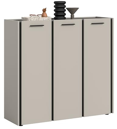 xonox.home – Schuhkommode Emil 113x106x37 cm in Kaschmir Melamin und schwarzen Akzenten – Schuhkommode mit 18 Fächern im modernen Flur – elegant & bequem