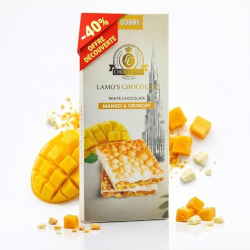 LAMO'S - Chocolat Dubaï à la Mangue Crunchy | Fabrication artisanale | Chocolat Blanc Suisse | Cadeau Gourmand 80 g (Mangue)