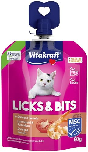 Vitakraft Licks & Bits, Katzensnack, Shrimp & Tomate, Dual- Textur (1x 60g) | Katzenleckerli mit samtiger Creme & Stückchen, als Topping oder aus der Hand fütterbar, ohne Zusatz von Zucker & Getreide