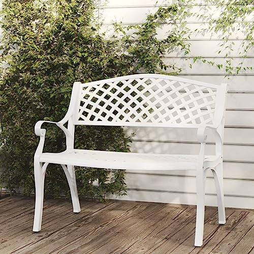 fadaoet Garden Bench, 102 cm, Cast Aluminium, White, Robust Garden Furniture with Cast Iron Legs, Weather Resistant, Elegant Scroll Design for Patio, Outdoor Use