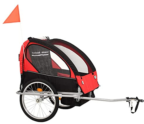2-in-1 Fahrradanhänger und Kinderwagen Schwarz Rot aus Oxford-Gewebe mit Stahlrahmen, faltbar, 40 kg Belastung, mit Sicherheitsgurt, Handbremse, Reflektoren, Wimpel für Joggen, Tour, Alltag