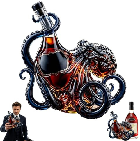 Kr-Ken Rum Octopus Glass Bottle 3D Sculpted 350ml Octopus Shaped Empty Wine Whiskey Decanter Artistic Deep Sea The Kr-Ken Octopus-Shaped Liquor Bottles Decor Gifts for Home Bar (Blue Tentacles)