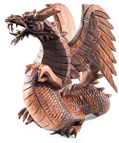 Windalf Holzfigur Drache BRAINN 30 cm Stehender Holz-Drache mit Flügeln Glücksbringer Schutzdrache Holz