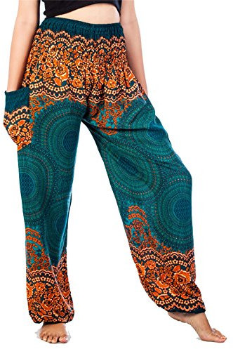 Lofbaz Harem Pants for Women Hippie Boho Festival Clothing - Bohemian Trousers for Yoga Beach Summer - Smocked Waist with Pockets - Rose 1 Teal Green S