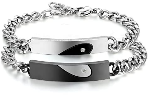 Cupimatch 2 pcs Edelstahl Paare Armbänder Panzerarmband mit Keep Me in Your Heart Gravur Zirkonia Panzerkette Partnerarmband Freundschaftsarmband Damen Herren Armreif, Silber Schwarz