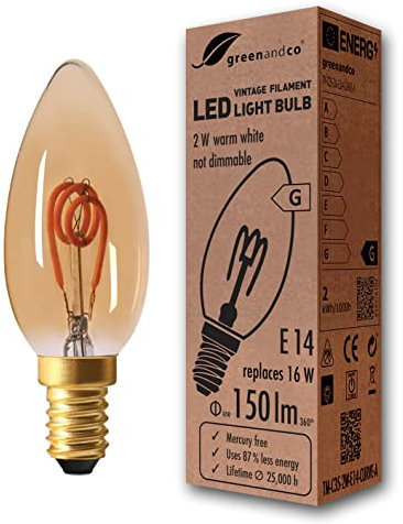 greenandco Vintage Glühfaden LED Kerze | gold | E14 C35 | 2W 150lm | 2000K extra warmweiß | 360° | 230V | flimmerfrei | nicht dimmbar