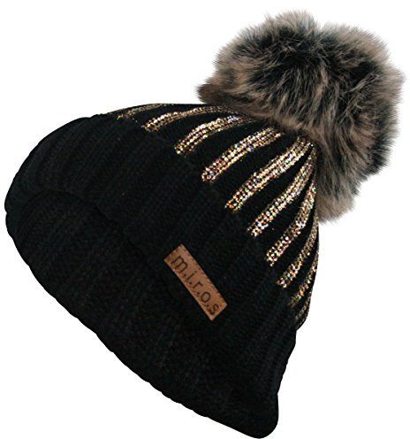 Odette Damen Wintermütze Schwarz mit goldenem Pailletten Print | handgemacht