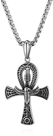 Flongo Herren-Kette Männer Anhänger Halskette Rosenkranz Kette Silber Schwarz Egyptian Ägyptisches Anch o. Ankh Kreuz Kruzifix Weizenkette Herren-Accessoires