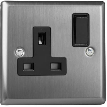 Varilight Single Switched Plug Socket - Classic Brushed Steel With Black Insert, XT4B