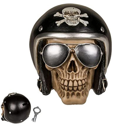 OOTB Spardose Totenkopf mit Sonnenbrille und Motorradhelm, Schwarz, Weiß, One Size