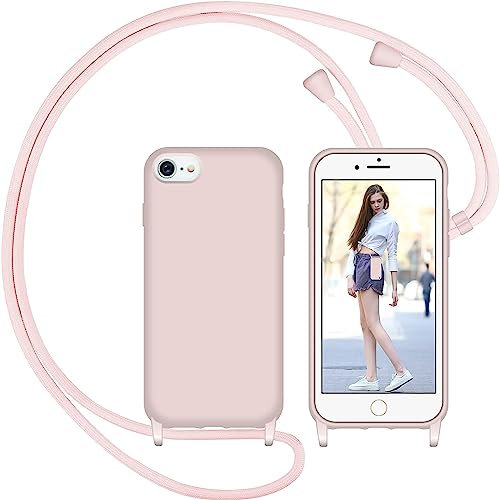 Nupcknn Funda Silicona Líquida con Cuerda para iPhone 7/8/iPhone SE 2020, Carcasa Suave Silicona Case con Correa Colgante Ajustable Collar Correa de Cuello Cadena Cordón(Oro Rosa)