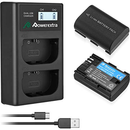 Powerextra 2 Ersatzakkus und Dual-Ladegerät-Set komaptibel mit LP-E6NH für ausgewählte DSLR-Kameras, inklusive EOS R5, R6 und 5D Mark II III 6D 7D 60D 60Da 70D 80D