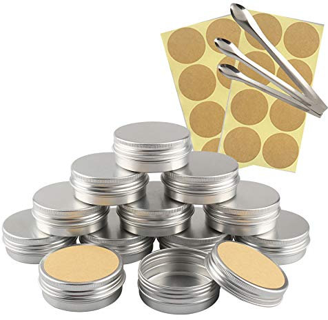 TIANZD 10 Pièces 40 ml Vide Rond Argent Pots en Aluminium Cosmétiques Pot Canettes Bocaux Conteneurs 5ml for Fait Main Bougies Crème Baume Voyage, 3x aluminium cuillère, 10x Étiquettes