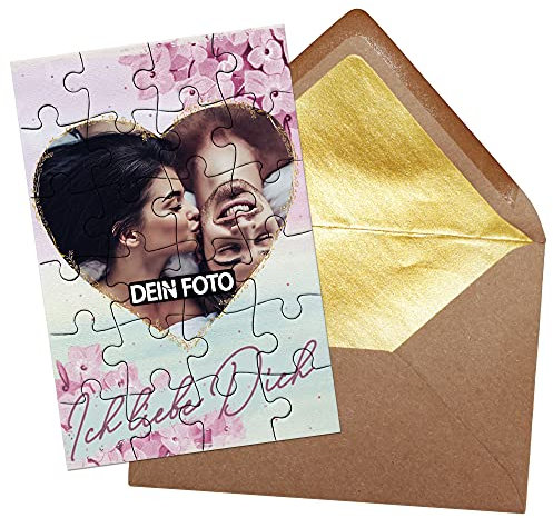 PR Print Royal Foto-Puzzle mit Herz-Motiv - Ich Liebe Dich - inkl. Briefumschlag mit Gold-Inlay - Geschenk für Paare, Liebe, Valentinstag - mit EINEM Bild Bedrucken Lassen - 24 Teile - 24 Teile