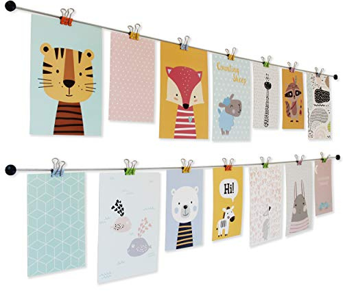 LeTOMA – Fotoseil mit bunten Metall-Klammern - 80 cm & 8 Klammern im Smiley-Design in den Farben Blau, Gelb, Grün, Orange und Rosa – Fotoleine, Bilderseil ideal fürs Kinderzimmer
