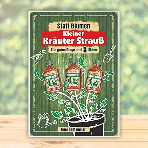 Große A4 Glückwunschkarte Geburtstagskarte - Kleiner Kräuterstrauß - statt Blumen Grußkarte mit Schnaps Likör Kräuterlikör Düngemittel | Blumenstrauß für Männer zum Geburtstag | Männergeschenk