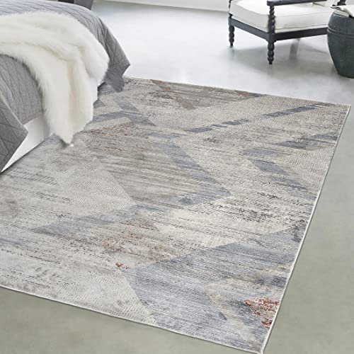 Mazovia Modern Teppich - Vintage Abstract Muster - Weich Teppich für Wohnzimmer, Schlafzimmer, Esszimmer - ÖKO-TEX Wohnzimmerteppich Shrink Polyester – Kurzflorteppich Grau Beige 80 x 150 cm