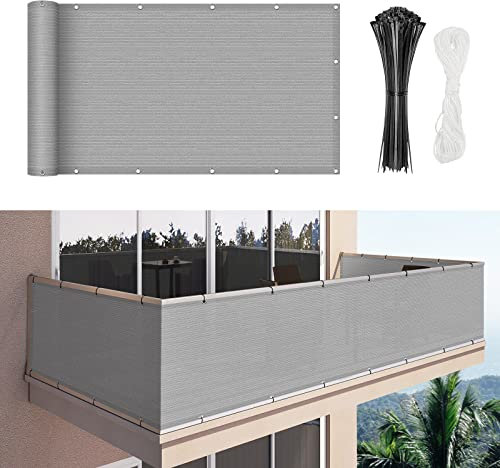 Duerer Balkon Sichtschutz zaun 90 x 300cm Balkonabdeckung Windschutz UV-Schutz Balkonumspannungen verkleidung mit Ösen für Balkonzaun mit Kabelbinder und Seil, Grau