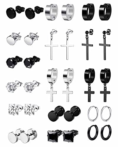 16Paar Edelstahl Punk Creolen Ohrringe für Herren Damen Kleine Kpop Huggie Ohrringe Gothic Hoop Schwarze Ohrringe Runde Zirkonia Kreuz Creolen Huggie Ohrring Ohrstecker Silber Schwarz