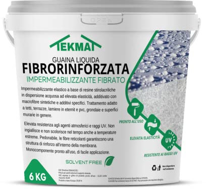 TEKMAT- GUAINA LIQUIDA FIBRORINFORZATA IMPERMEABILIZZANTE MONOCOMPONENTE VARI COLORI DA 1-6-20 KG (6 KG, ROSSO)