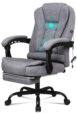ELFORDSON Massage Office Chair with Footrest 2 Points Vibration, Office Desk Chairs for Heavy People, Reclining Chairs Ergonomic Executive Chair, Height Adjustable, 360° Swivel, Fabric, Grey
