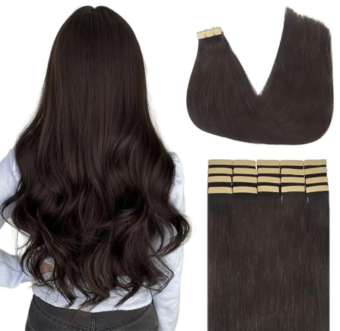 Lashey Tape Extensions Echthaar 60cm(24zoll) 20pcs 50g Glatt Echthaar Tape Extensions Dunkel Braun Haarverlängerungen Echthaar für Frauen Invisible and Skin Weft Tape ins
