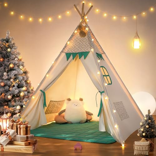 besrey Kids Teepee Tent indoor - Toddler Play Tent with Mat & Lights, Childrens teepee tent indoor, Cotton Playhouse for Toddlers, Tipi Tent Indoor Toddler Reading Tents